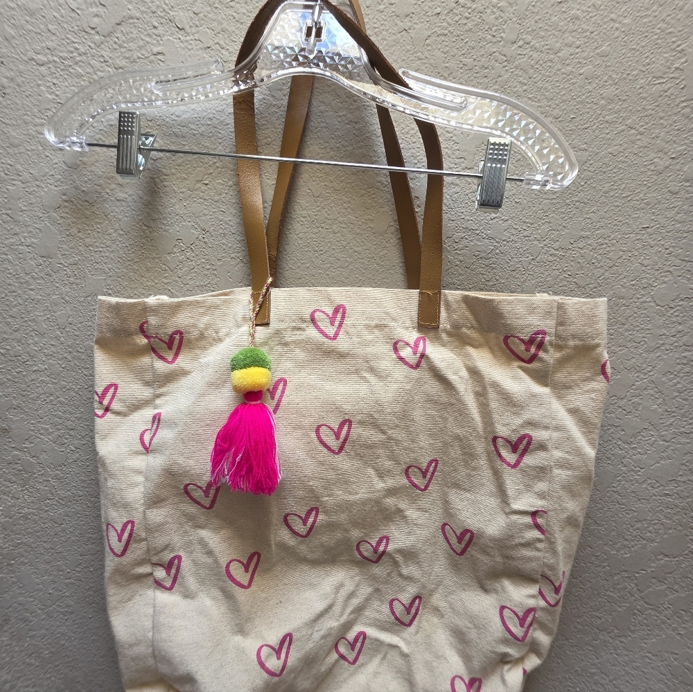 Canvas Tote Bag with Pink Heart Pattern